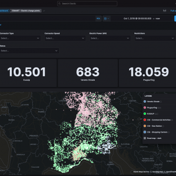 DSS e-SMART - Electric charge points: La dashboard mostra le coordinate delle stazioni di ricarica condivise da ogni partner dando un'immagine completa del territorio toccato. I filtri presentano il tipo di connettore, la velocità del connettore, la potenza elettrica (kW). Inoltre indicano se la stazione di ricarica è privata, pubblica o sconosciuta.